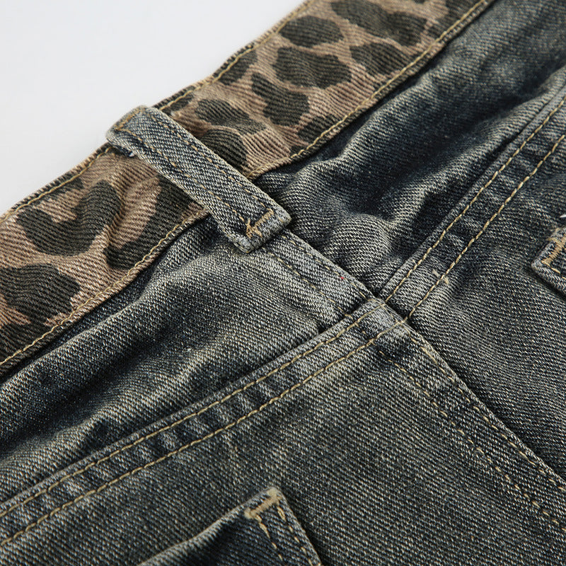 Retro Denim Womens High Street Leopard Print Patchwork Shorts In European And American Style