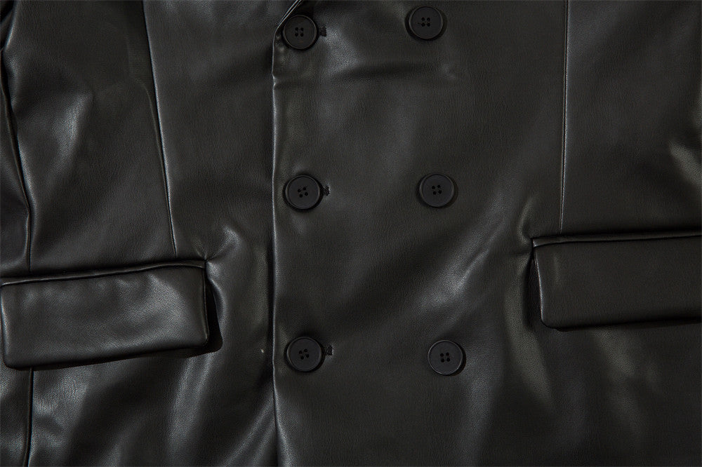 Double Breasted Suit Collar PU Leather Coat