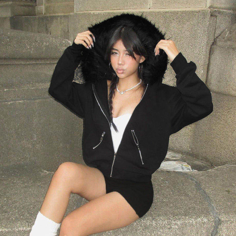 Black Zipper Divided Print Fleece Hooded Sweatshirt (Copy) (Copy)