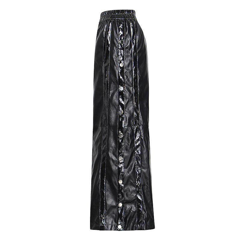 side button split PU leather wide-leg pants