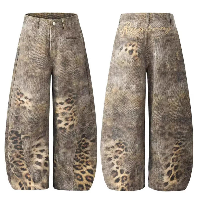 Womens American-Style Vintage Distressed Leopard-Print Wide-Leg Denim Jeans