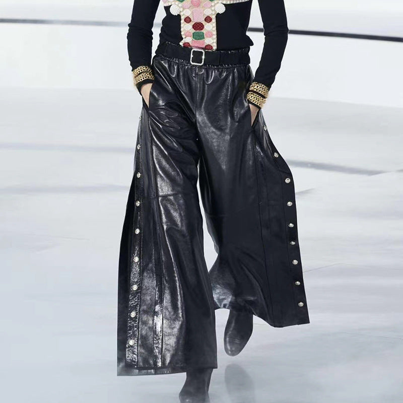 side button split PU leather wide-leg pants