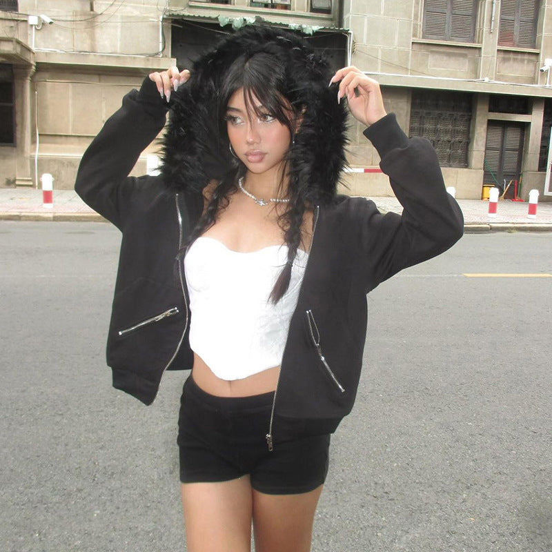 Black Zipper Divided Print Fleece Hooded Sweatshirt (Copy) (Copy)