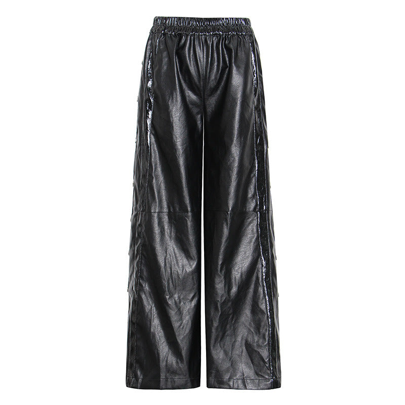 side button split PU leather wide-leg pants