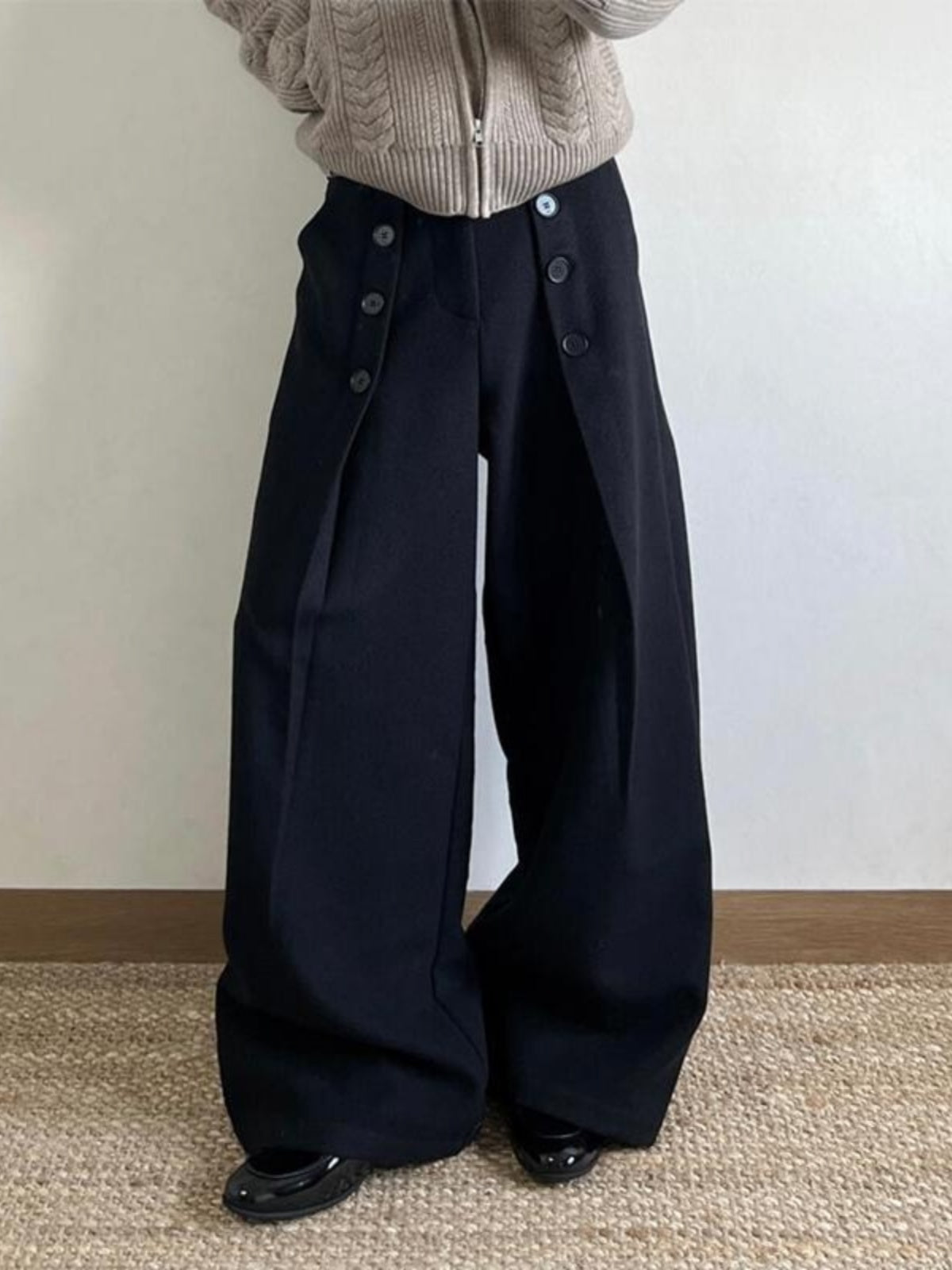 American Retro Black Button Pleated Suit Pants