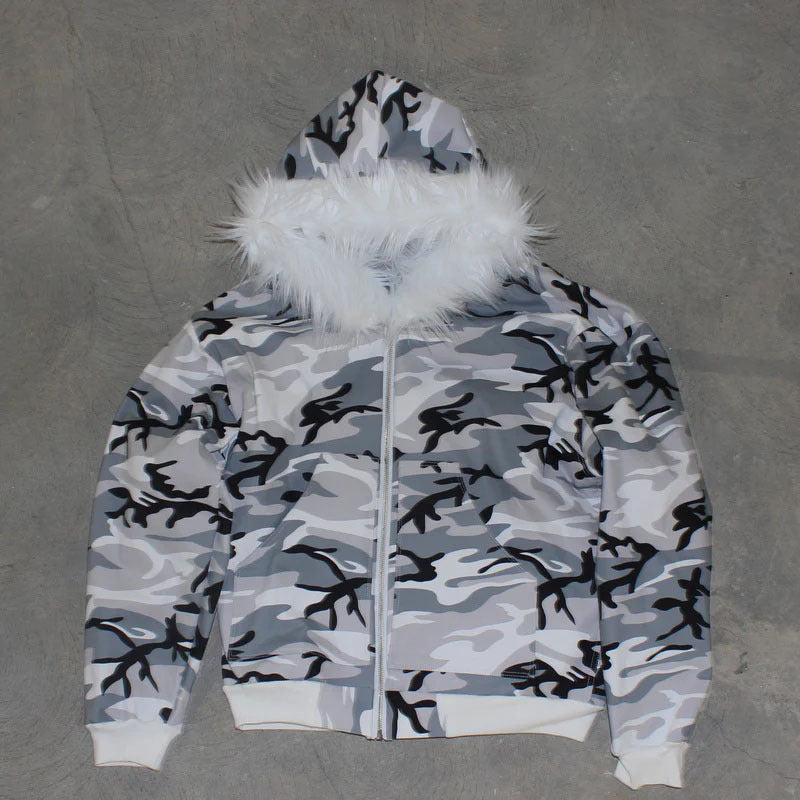 Black Zipper Divided Print Fleece Hooded Sweatshirt