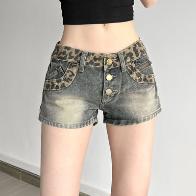 Retro Denim Womens High Street Leopard Print Patchwork Shorts In European And American Style