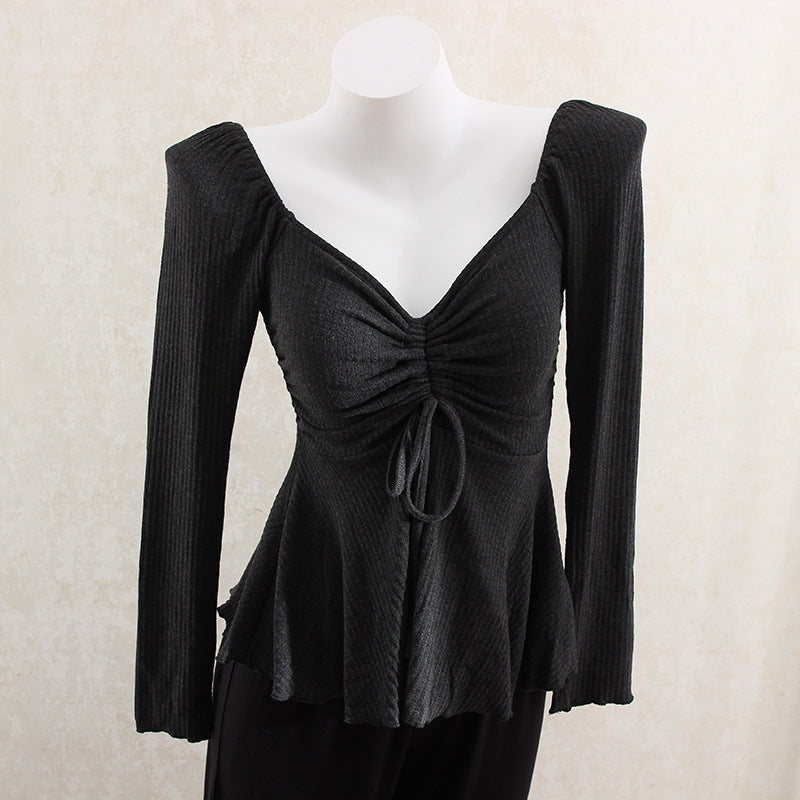 Knitted V-Neck Drawstring Top
