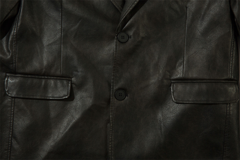 Vintage American Solid Color PU Leather Suit Jacket Men