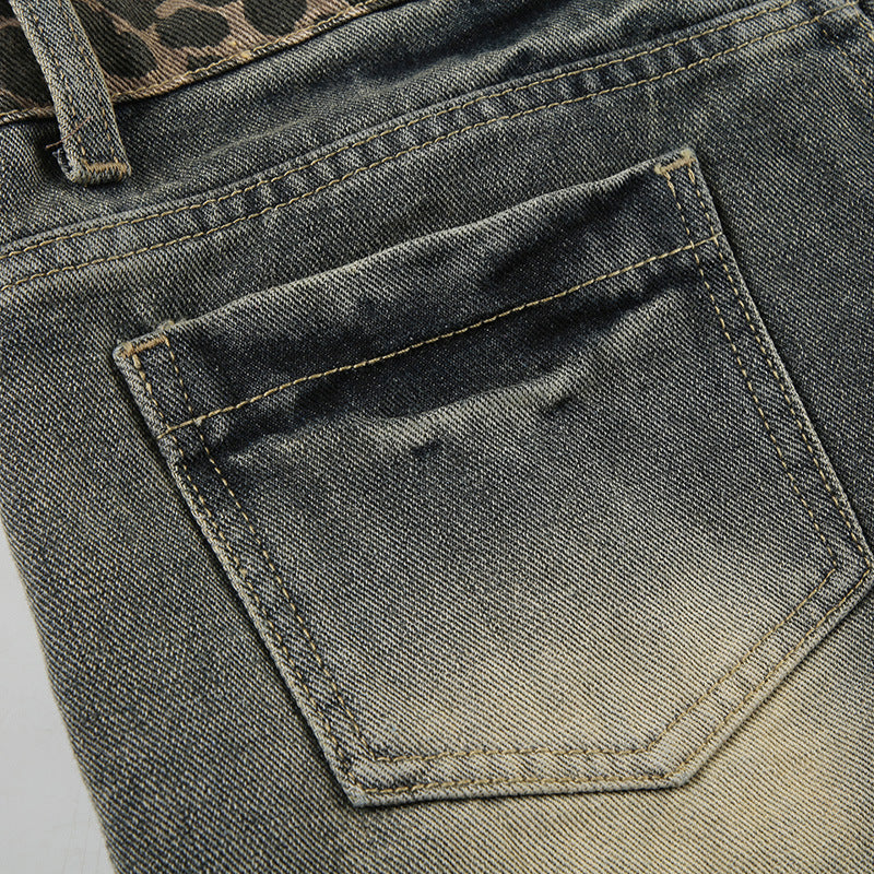 Retro Denim Womens High Street Leopard Print Patchwork Shorts In European And American Style