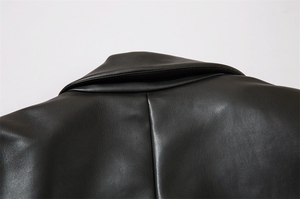 Double Breasted Suit Collar PU Leather Coat