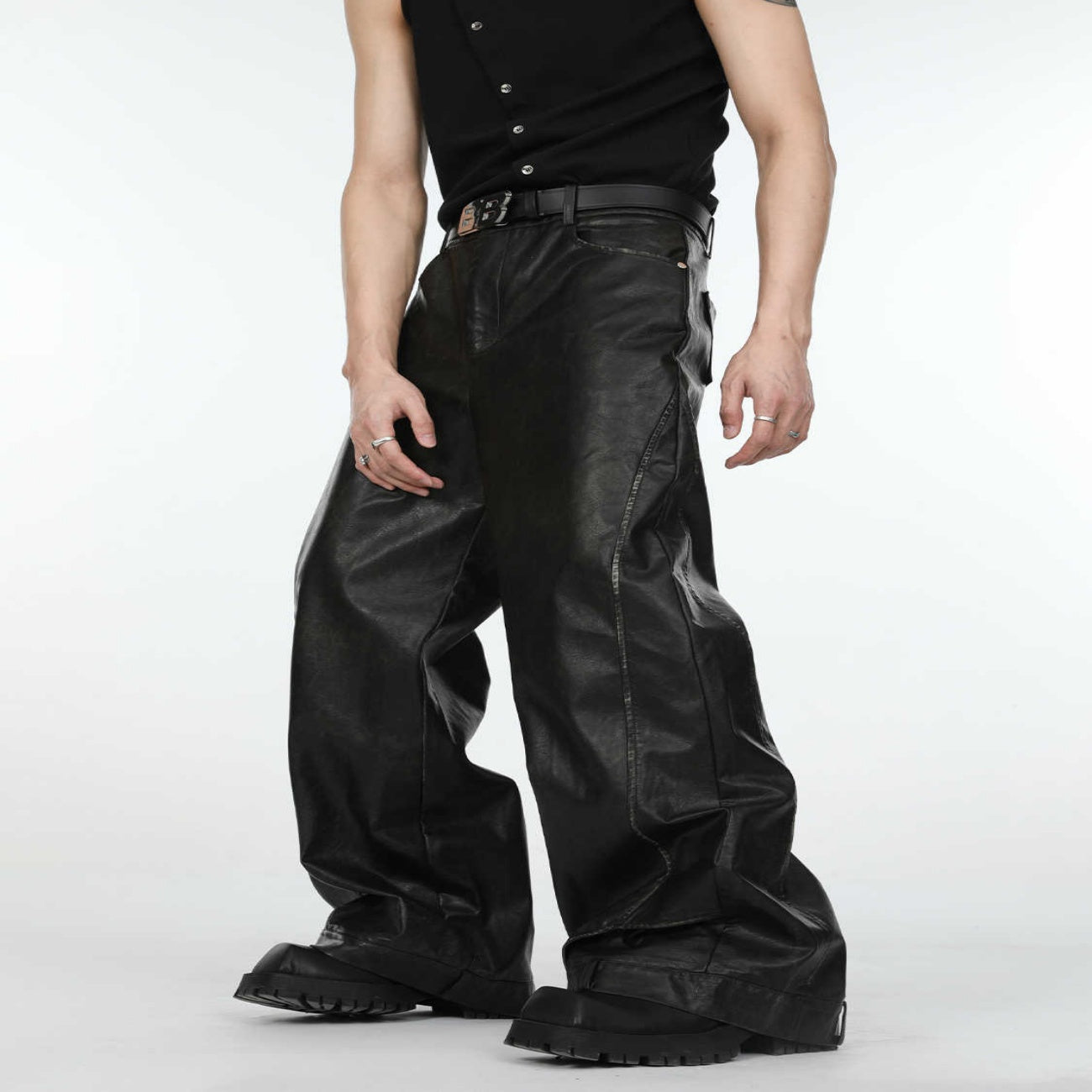 Black Leather Pants Men's Loose Straight Casual Trousers