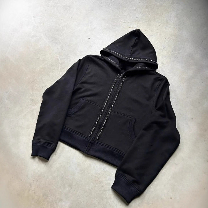 Black Zipper Divided Print Fleece Hooded Sweatshirt (Copy)