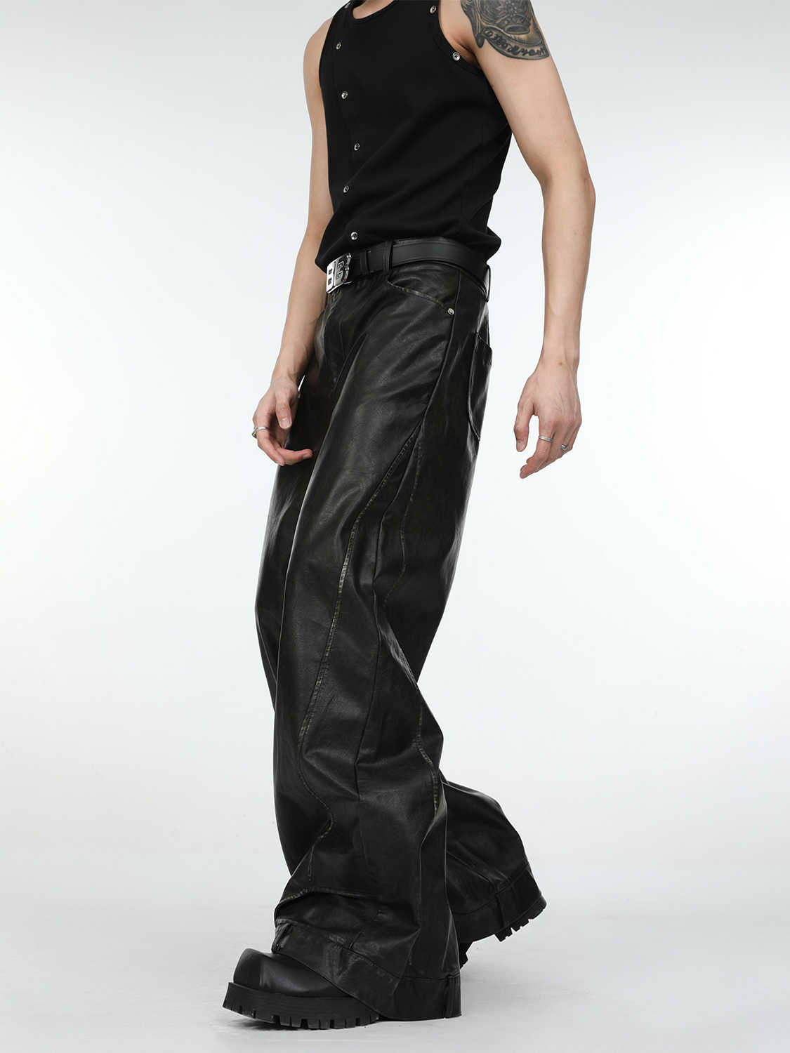 Black Leather Pants Men's Loose Straight Casual Trousers