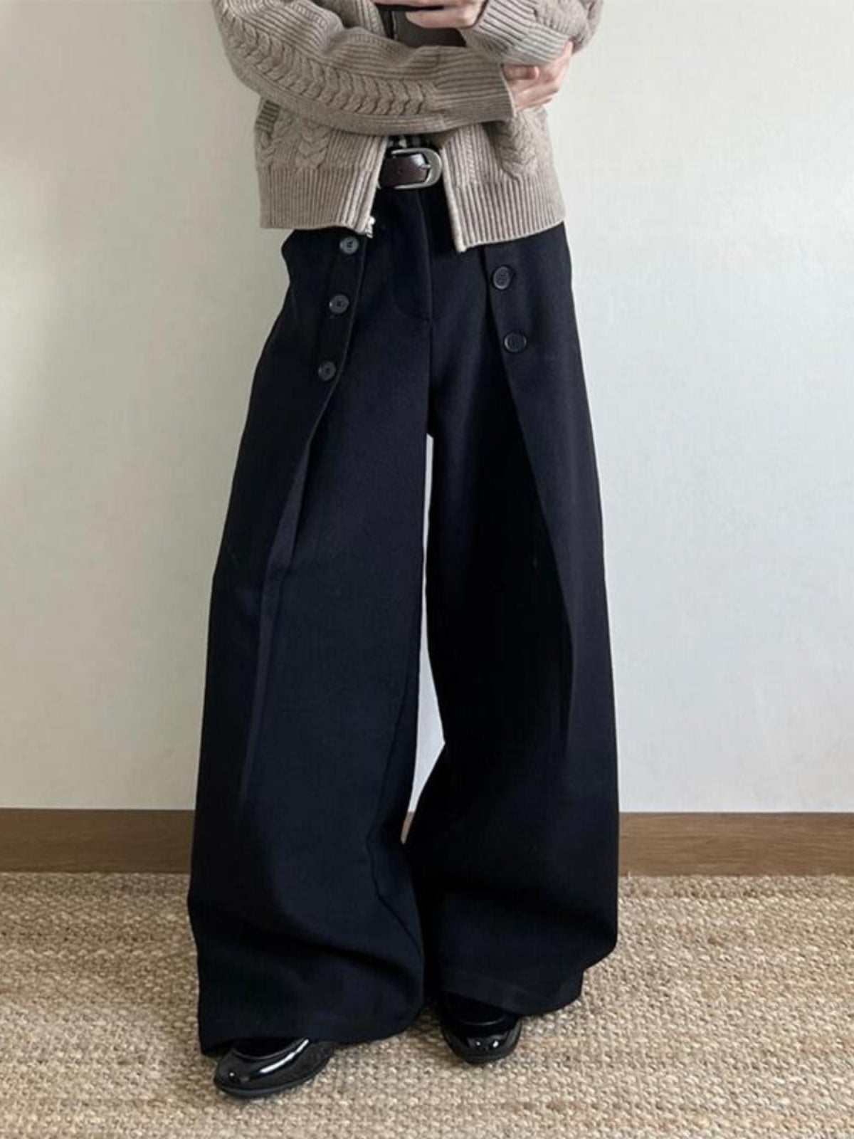 American Retro Black Button Pleated Suit Pants