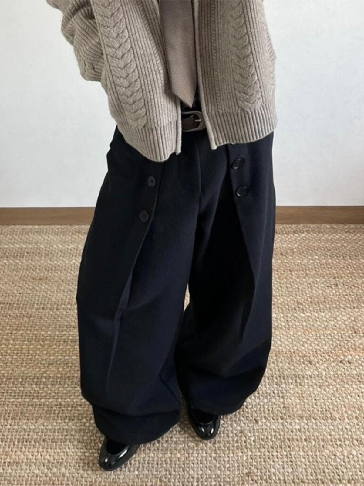 American Retro Black Button Pleated Suit Pants