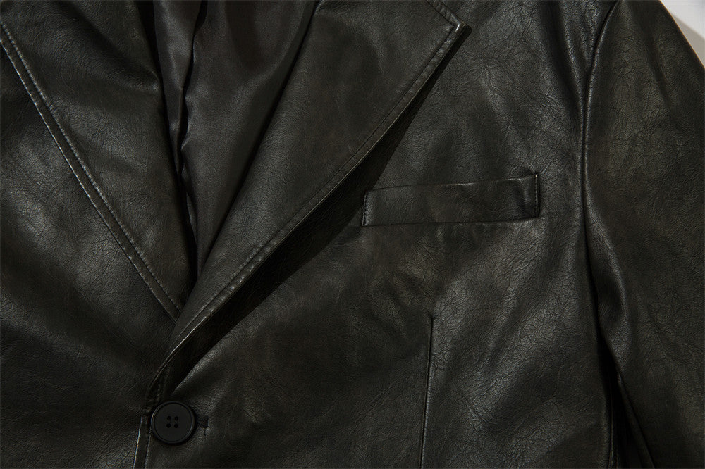 Vintage American Solid Color PU Leather Suit Jacket Men