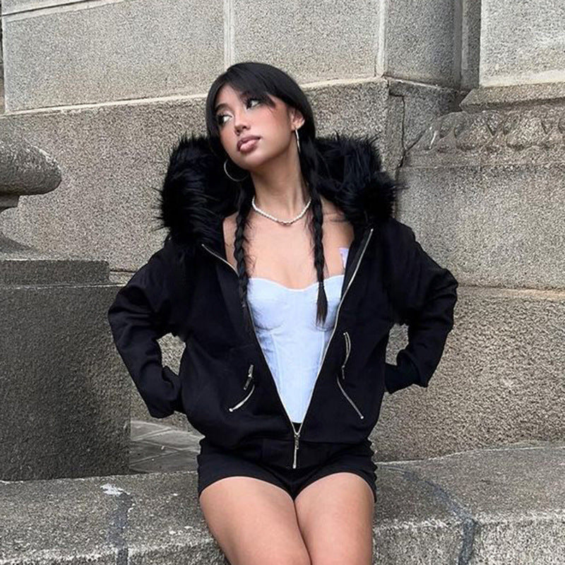 Black Zipper Divided Print Fleece Hooded Sweatshirt (Copy) (Copy)