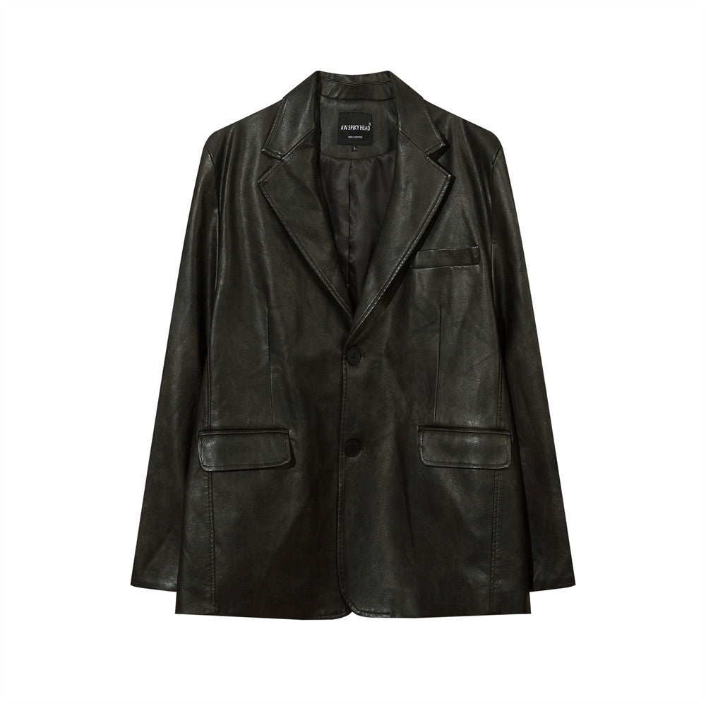 Vintage American Solid Color PU Leather Suit Jacket Men
