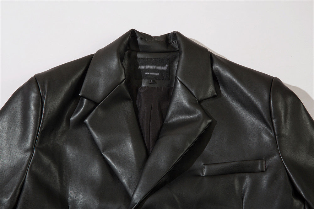 Double Breasted Suit Collar PU Leather Coat