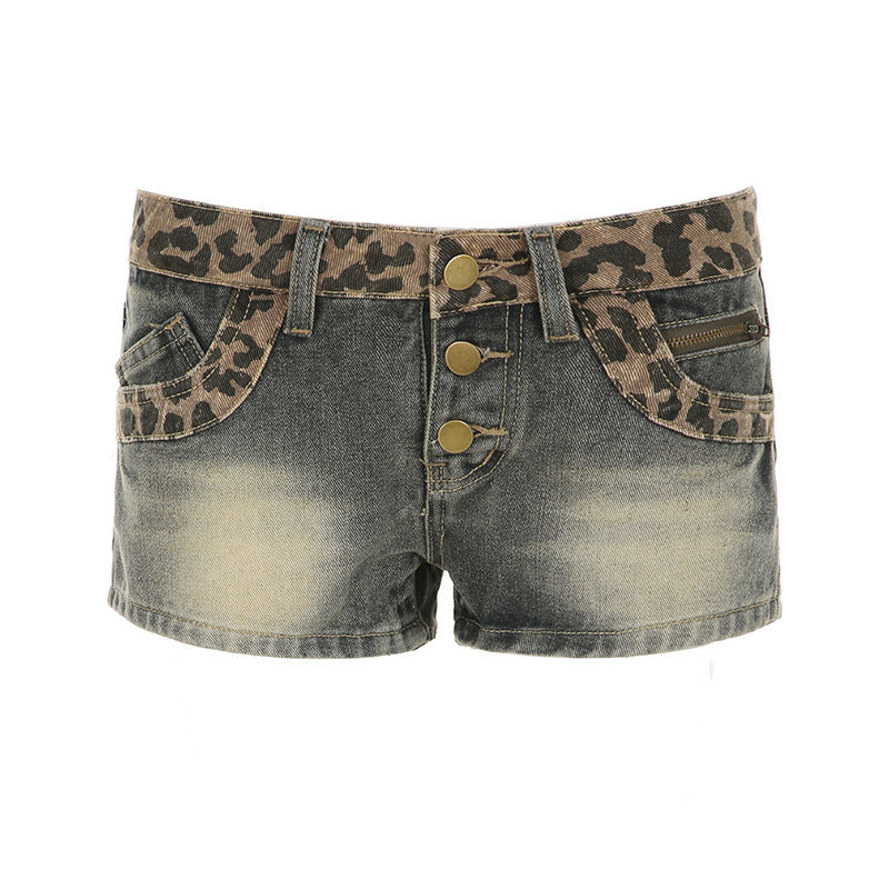 Retro Denim Womens High Street Leopard Print Patchwork Shorts In European And American Style