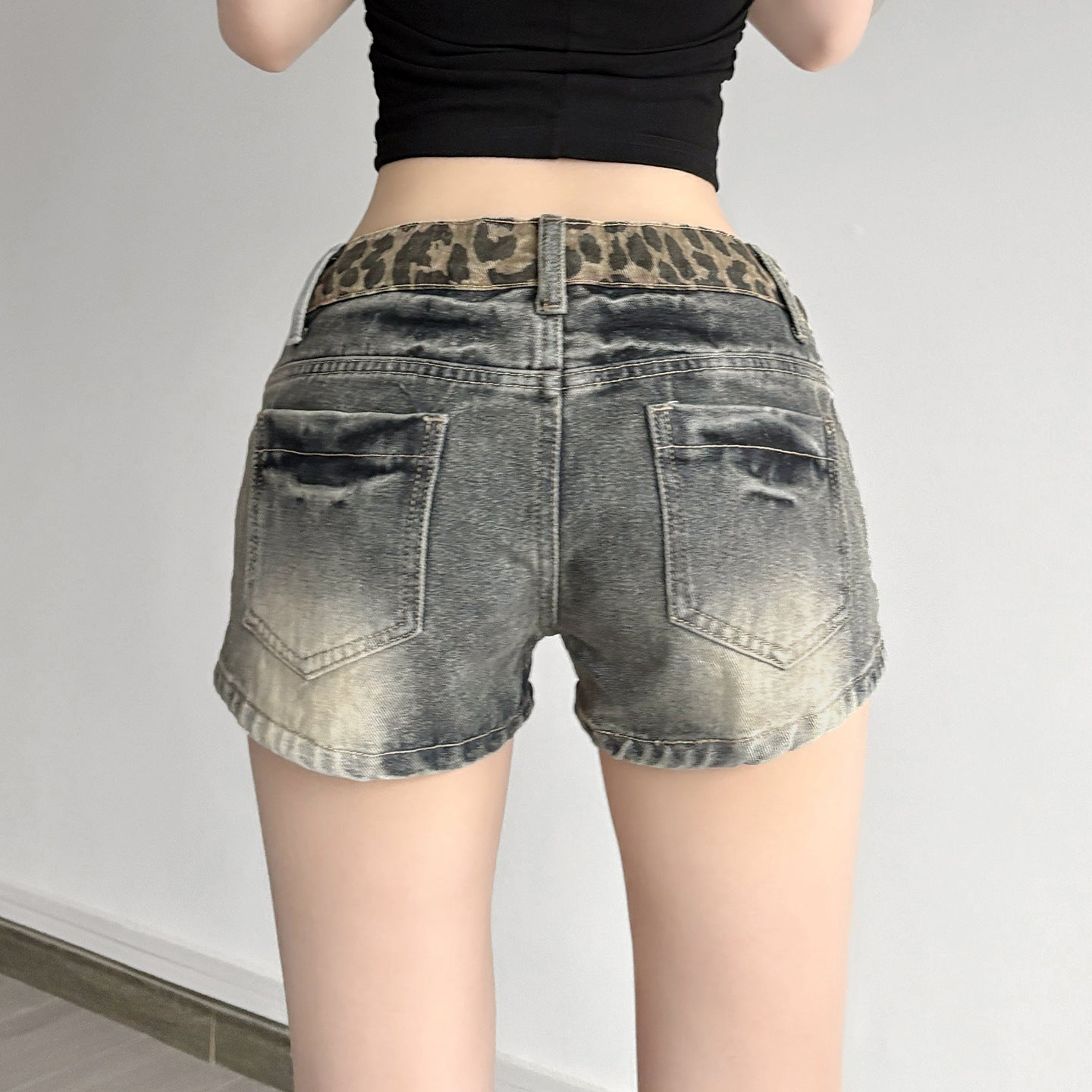 Retro Denim Womens High Street Leopard Print Patchwork Shorts In European And American Style