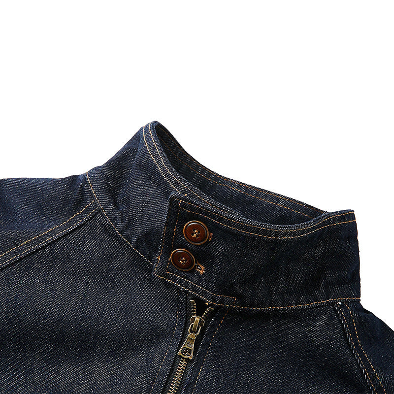 Mens Solid-Color Denim Short Jacket With Zipper SpringSummer Deep Blue-Jacket