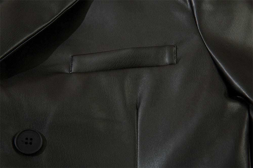 Double Breasted Suit Collar PU Leather Coat