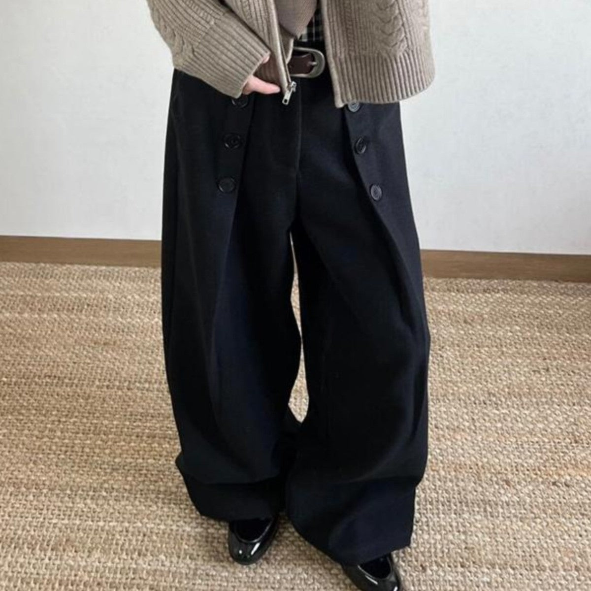 American Retro Black Button Pleated Suit Pants