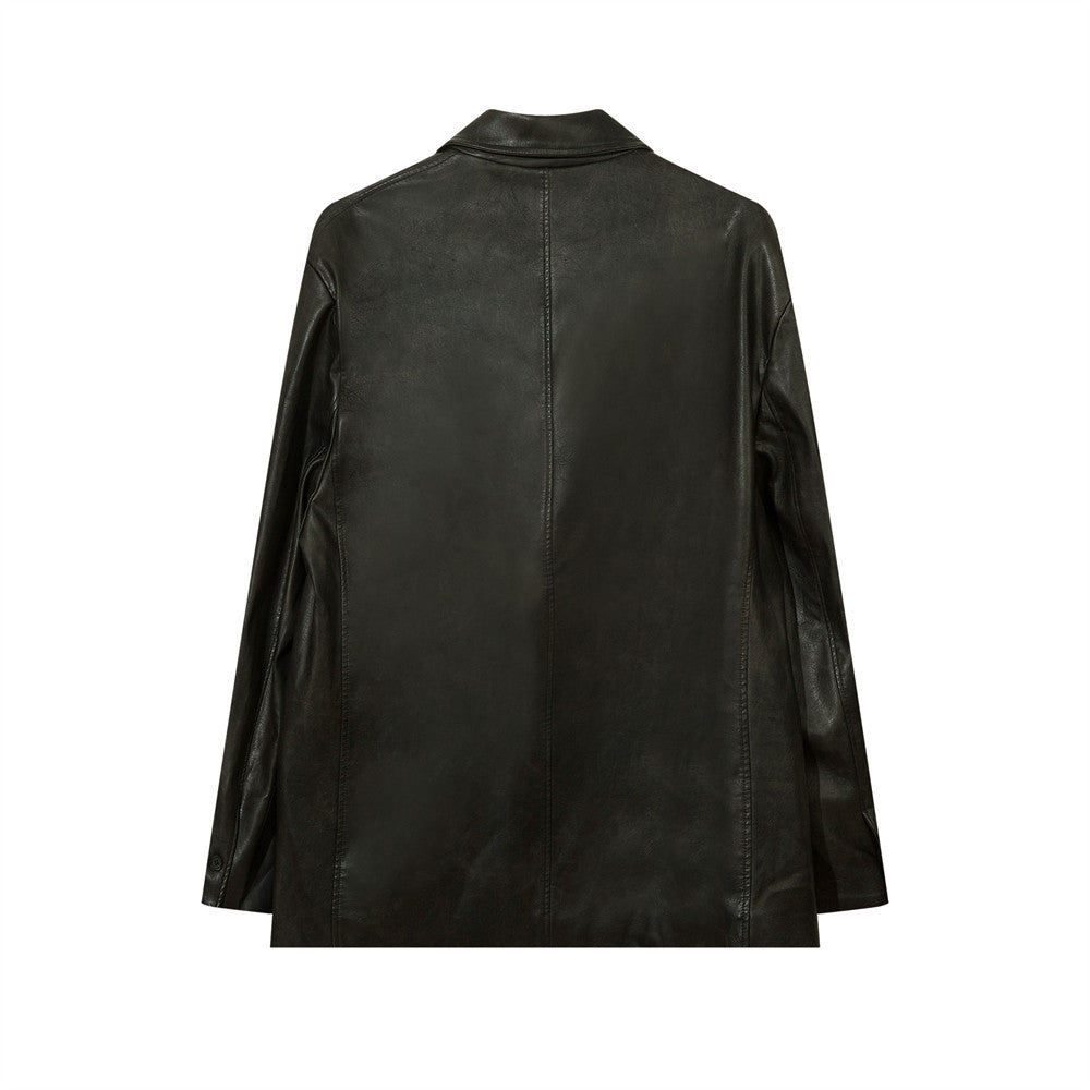 Vintage American Solid Color PU Leather Suit Jacket Men