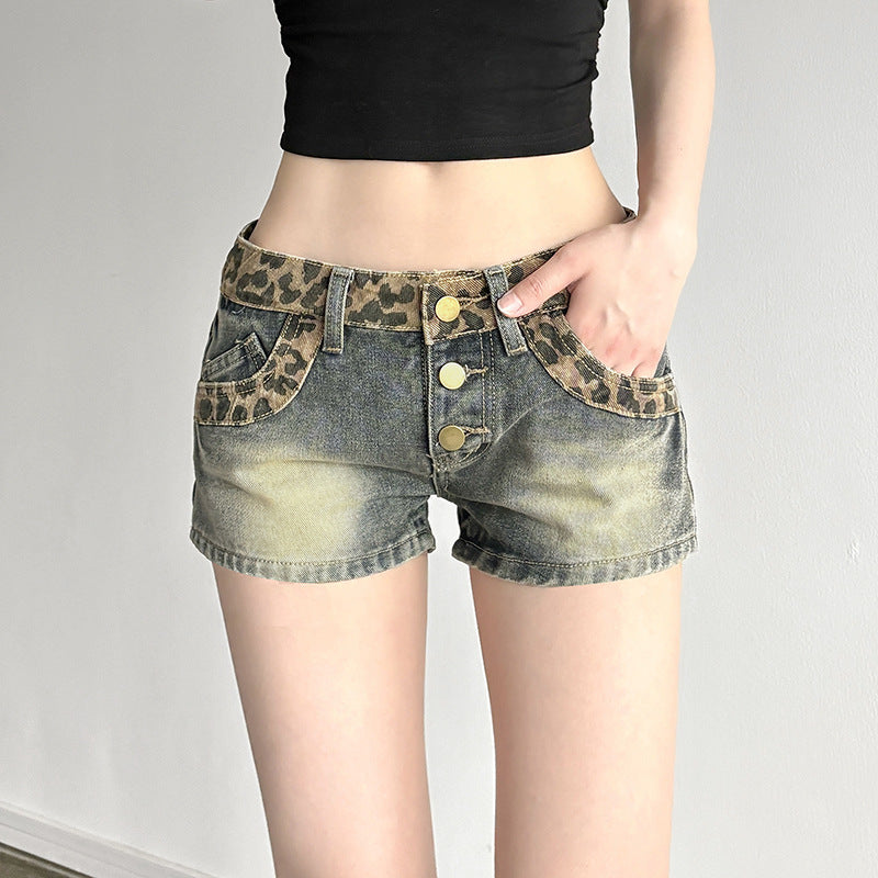 Retro Denim Womens High Street Leopard Print Patchwork Shorts In European And American Style