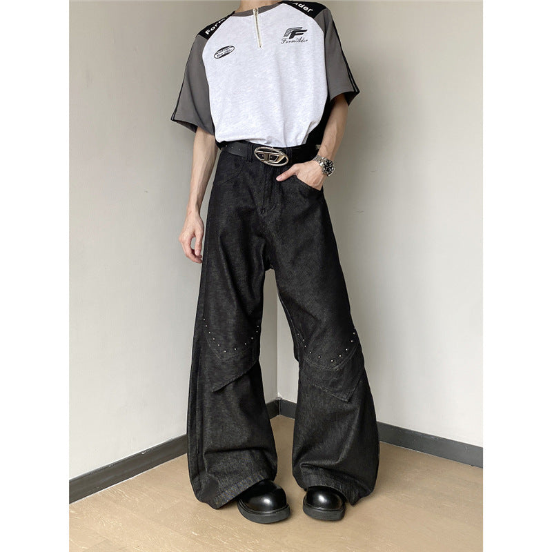 Mens American High-Street Rivet Machete Jeans