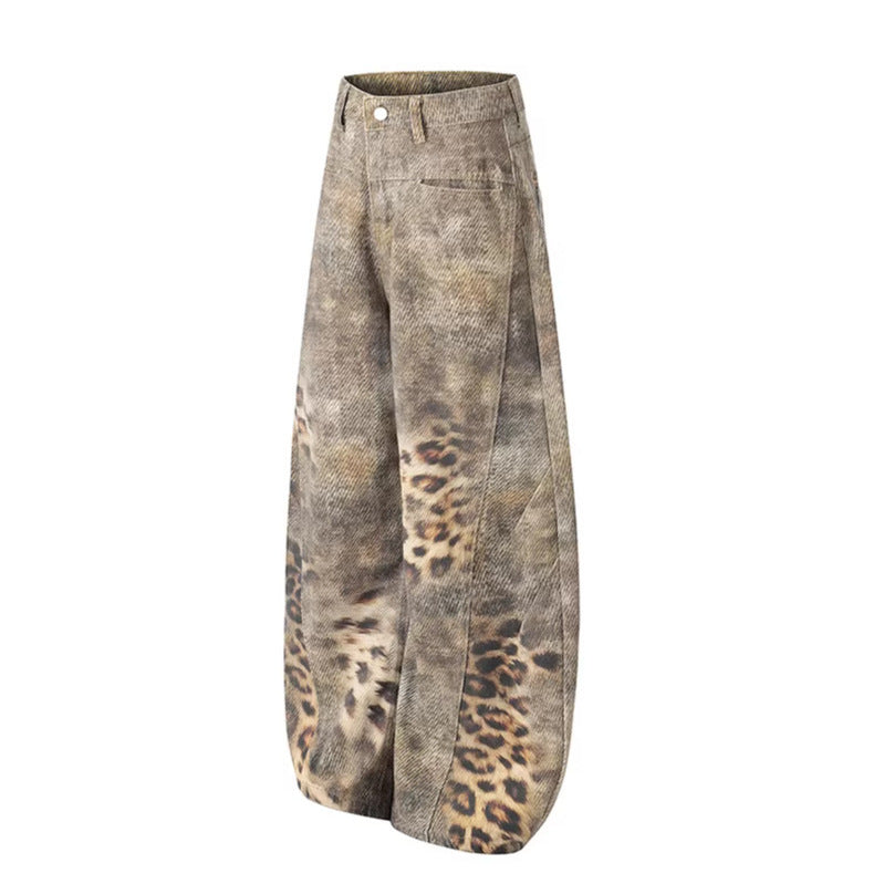 Womens American-Style Vintage Distressed Leopard-Print Wide-Leg Denim Jeans