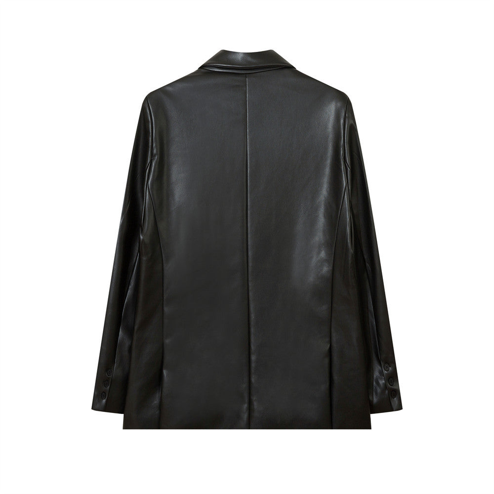 Double Breasted Suit Collar PU Leather Coat