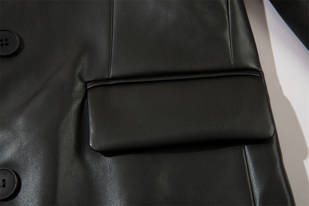 Double Breasted Suit Collar PU Leather Coat