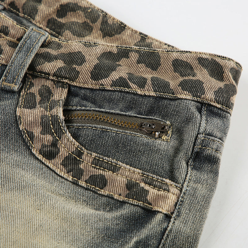 Retro Denim Womens High Street Leopard Print Patchwork Shorts In European And American Style