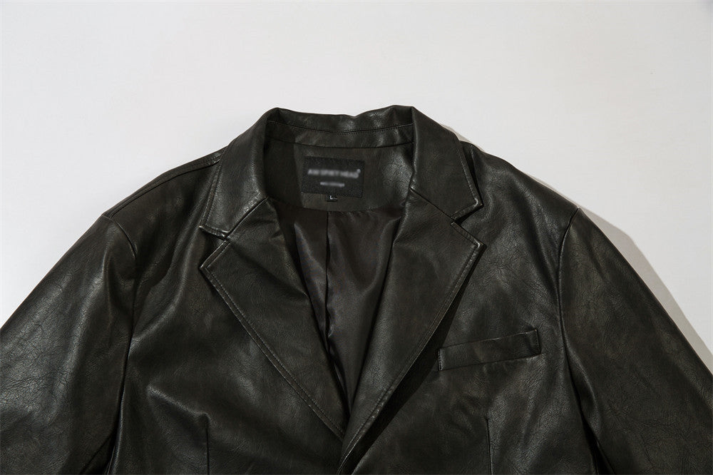 Vintage American Solid Color PU Leather Suit Jacket Men