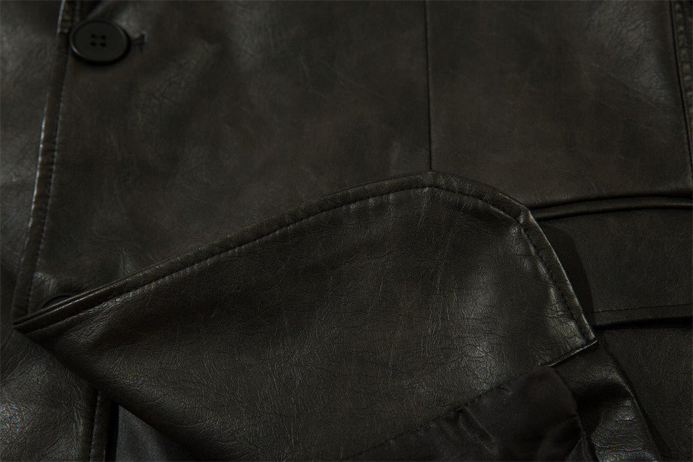 Vintage American Solid Color PU Leather Suit Jacket Men