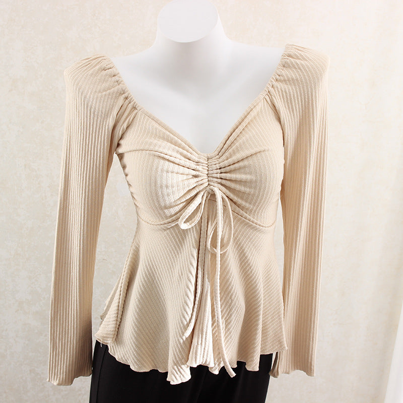 Knitted V-Neck Drawstring Top