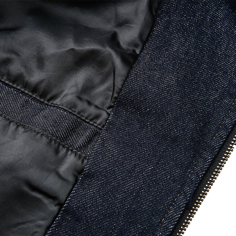 Mens Solid-Color Denim Short Jacket With Zipper SpringSummer Deep Blue-Jacket