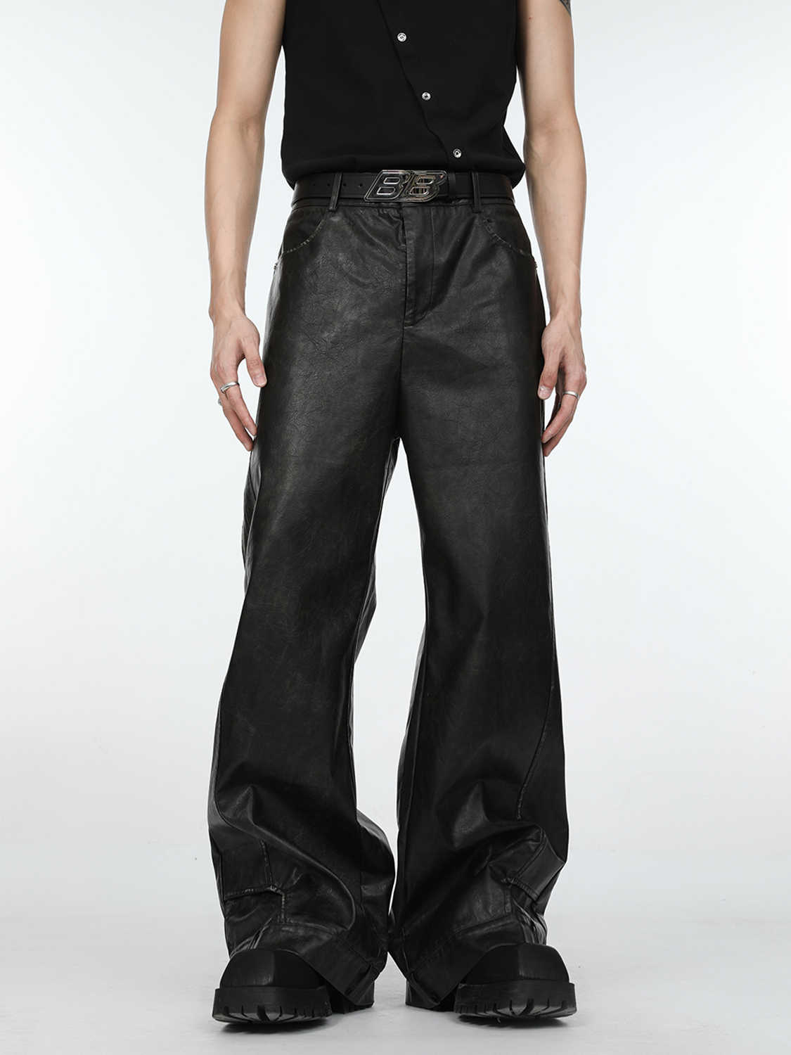 Black Leather Pants Men's Loose Straight Casual Trousers