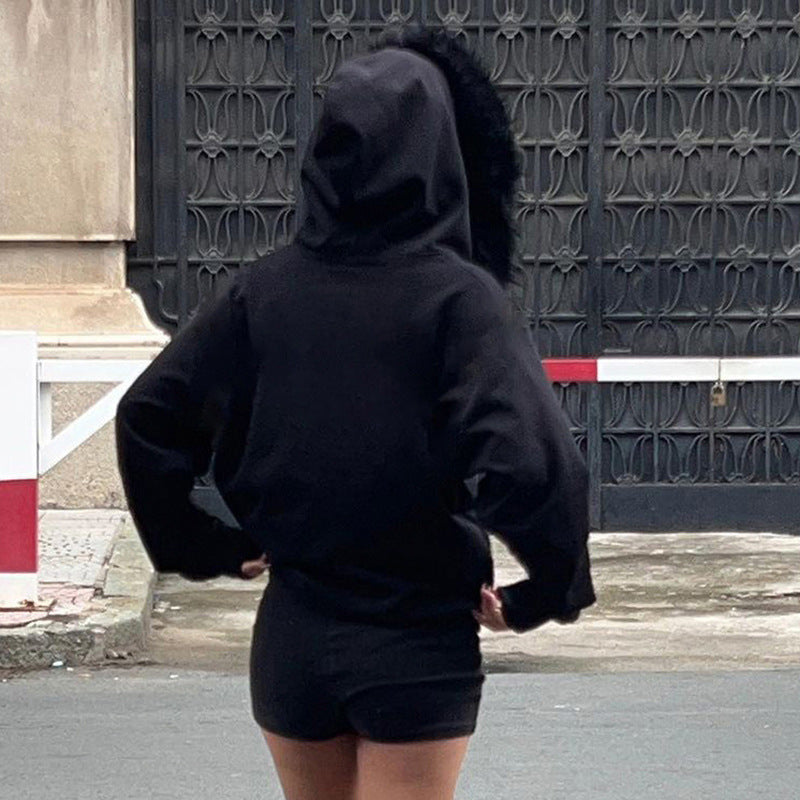 Black Zipper Divided Print Fleece Hooded Sweatshirt (Copy) (Copy)