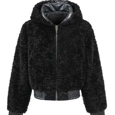 Artificial Fur Fleece Hooded Jacket With Leather Trim