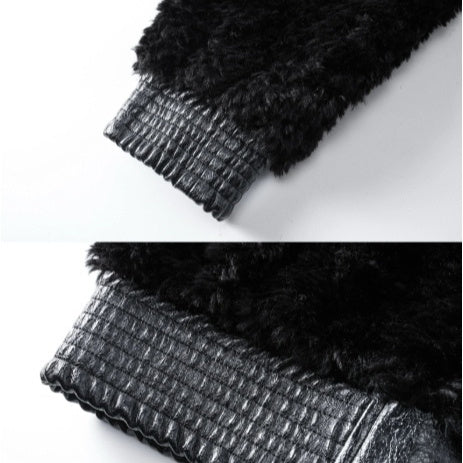 Artificial Fur Fleece Hooded Jacket With Leather Trim