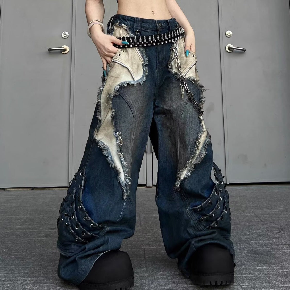 FallWinter American-style Heavy-duty Post-apocalyptic Deconstructed Washed Denim Jeans
