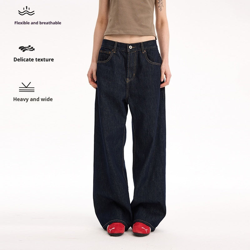 Dark Blue Classic Loose Straight Jeans For Men And Women