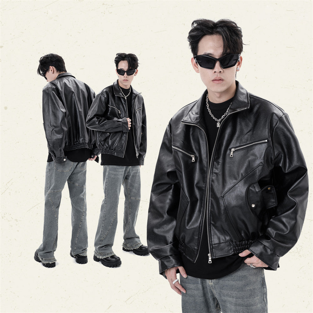 Hippie Rock Motorcycle Clothing Leather Jacket Men's Loose Casual Zipper Stand Collar PU Leather Jacket